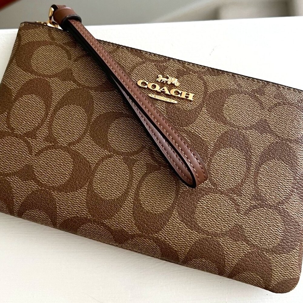 COACH Corner Zip Wristlet - Signature Brown - Large (NWT)